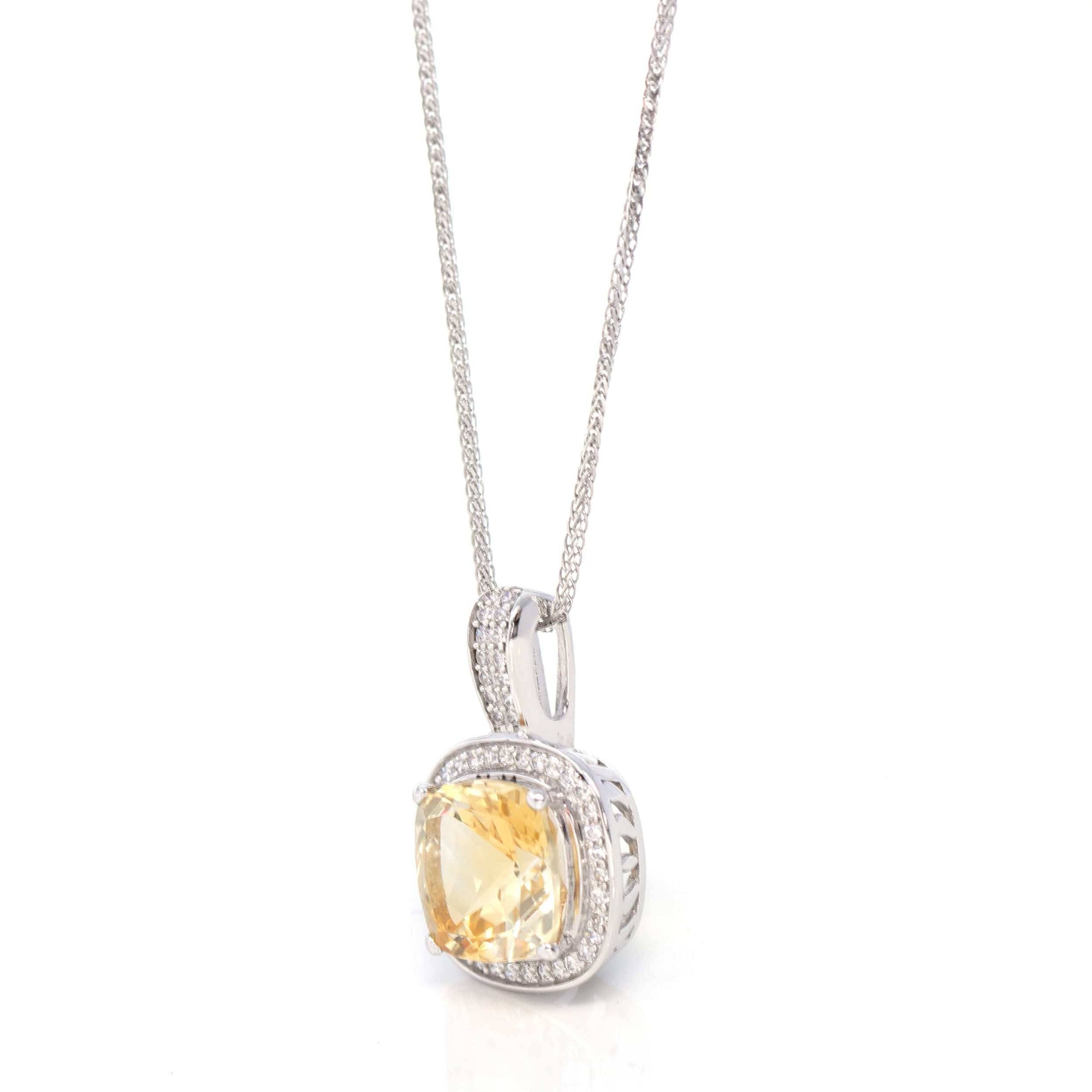 Baikalla Jewelry Silver Citrine Necklace Sterling Silver Natural Cushion Cut Citrine Necklace With CZ