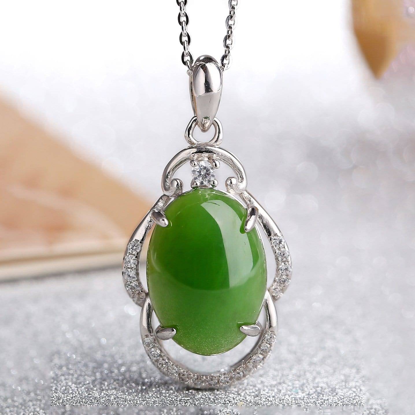 Baikalla Jewelry Silver Gemstone Necklace Sterling Silver Genuine Nephrite Green Jade Pendant Neckalce