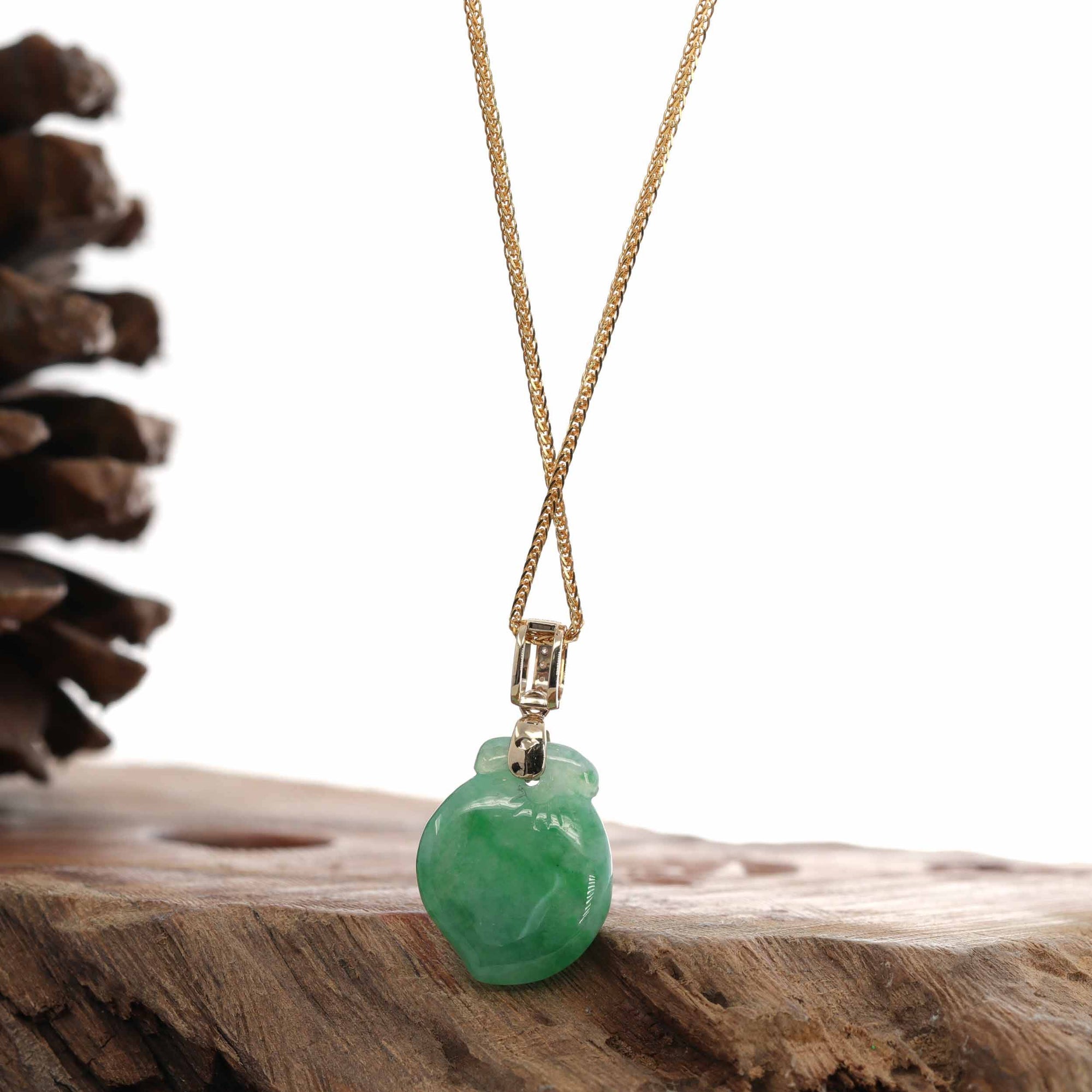 Baikalla Jewelry Jade Pendant 14k Yellow Gold Natural Jadeite Jade "Longevity Peach" Shou Tao Necklace