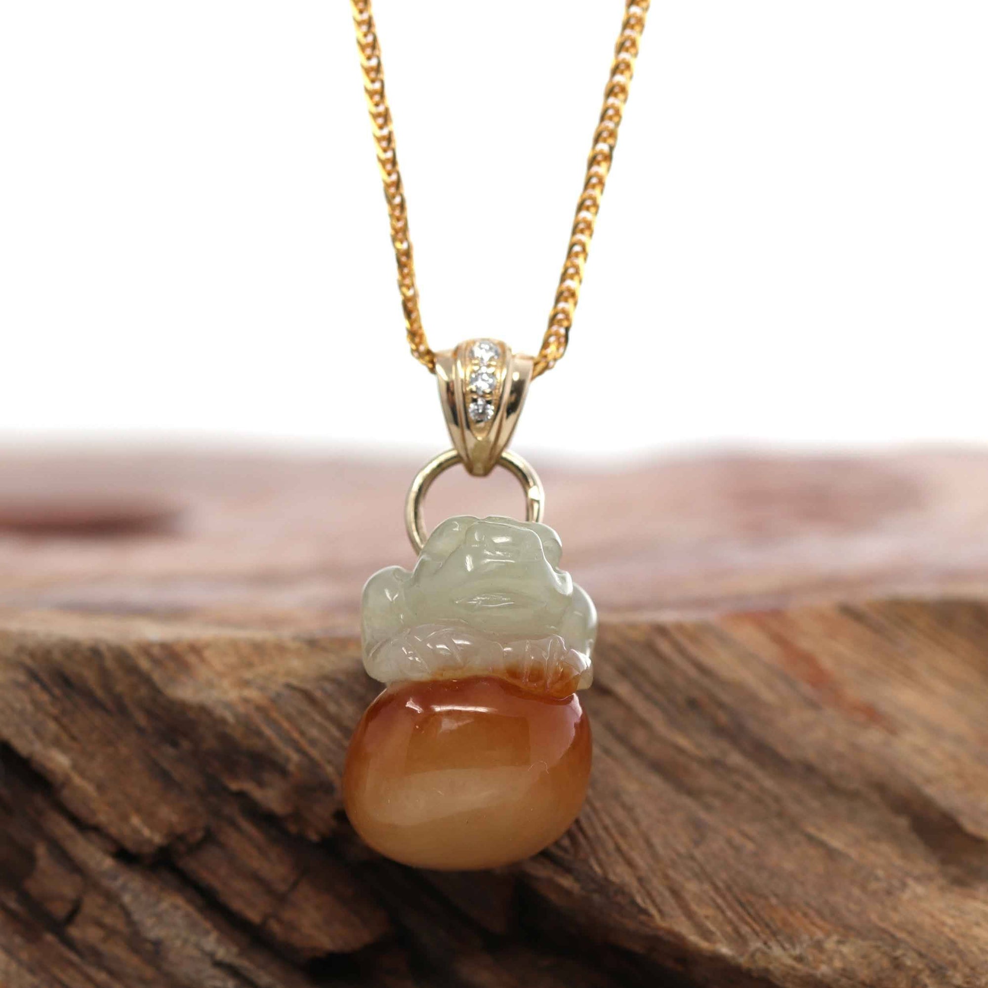 Baikalla Jewelry Jade Pendant Pendant Only 14k Yellow Natural Jadeite Jin Chan &quot;Money Toad&quot; Necklace With 14k Yellow Gold Diamond Bail