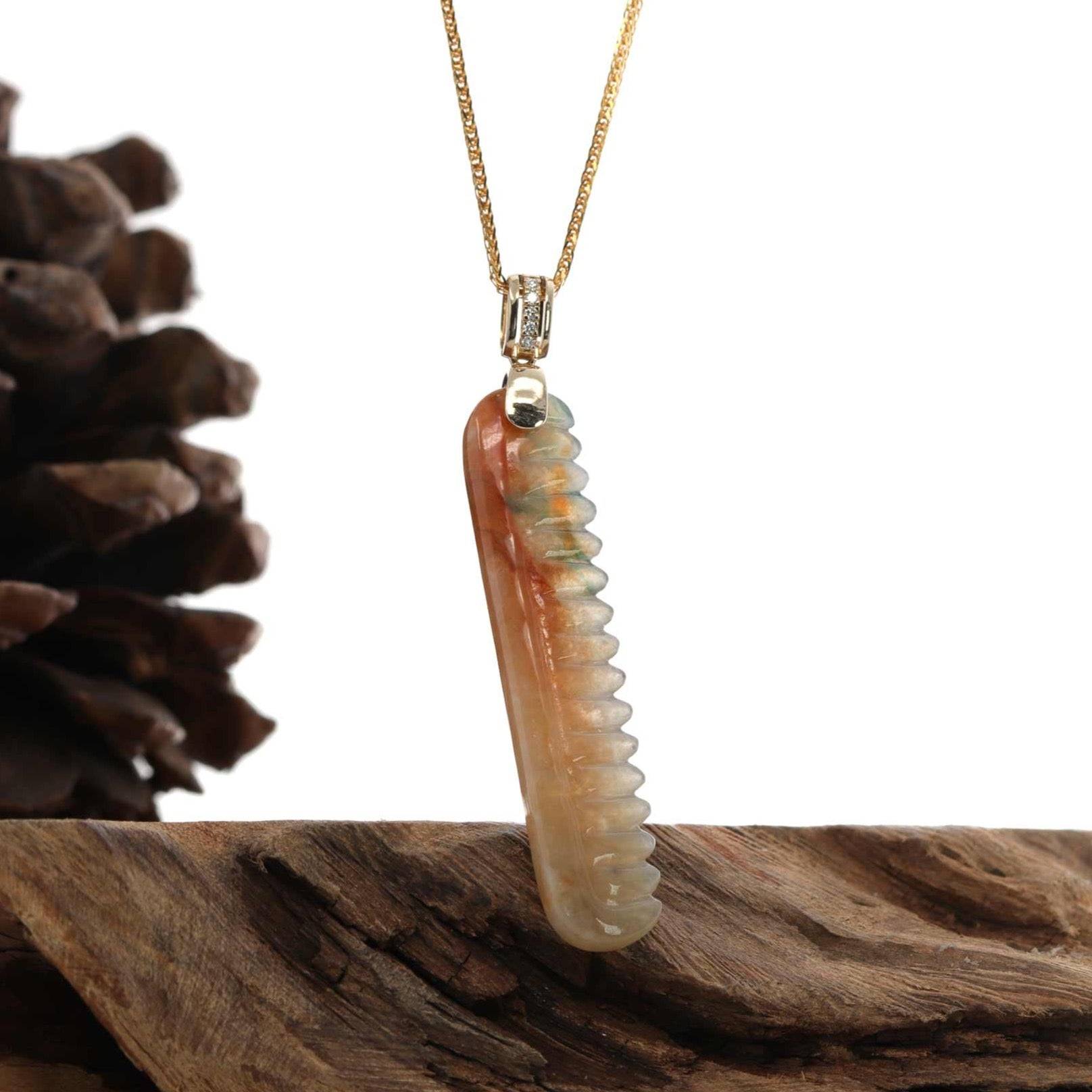 Baikalla Jewelry Jade Pendant 14K Yellow Natural Red & Brown Jadeite Jade Comb Necklace