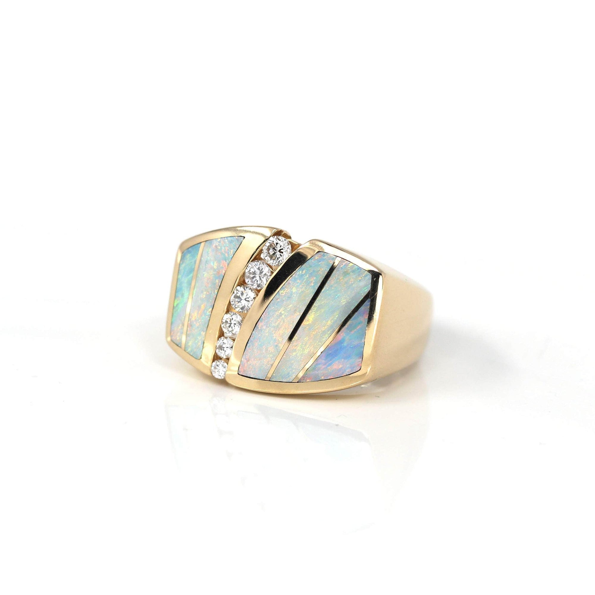 Baikalla Jewelry Gold Opal Ring 14k Yellow Gold Natural AAA Australian Opal Men's Ring with Diamonds