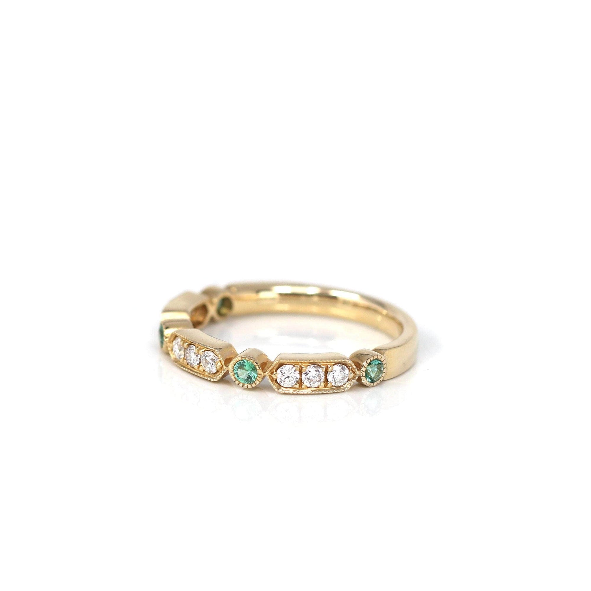 Baikalla Jewelry Gold Emerald Ring 14k Yellow Gold Natural Emerald 4 Stones Set Band Ring with Diamonds