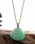 Baikalla Jewelry Jade Pendant Natural Burmese Jadeite Jade Happy Buddha With 14k Yellow VS1 Diamond Bail