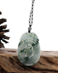 Baikalla Jewelry Jade Pendant Necklace Genuine Ice Blue-Green Jadeite Jade "Good Luck Oval with Dragon Accent" Pendant Necklace With Real Jadeite Bead Necklace