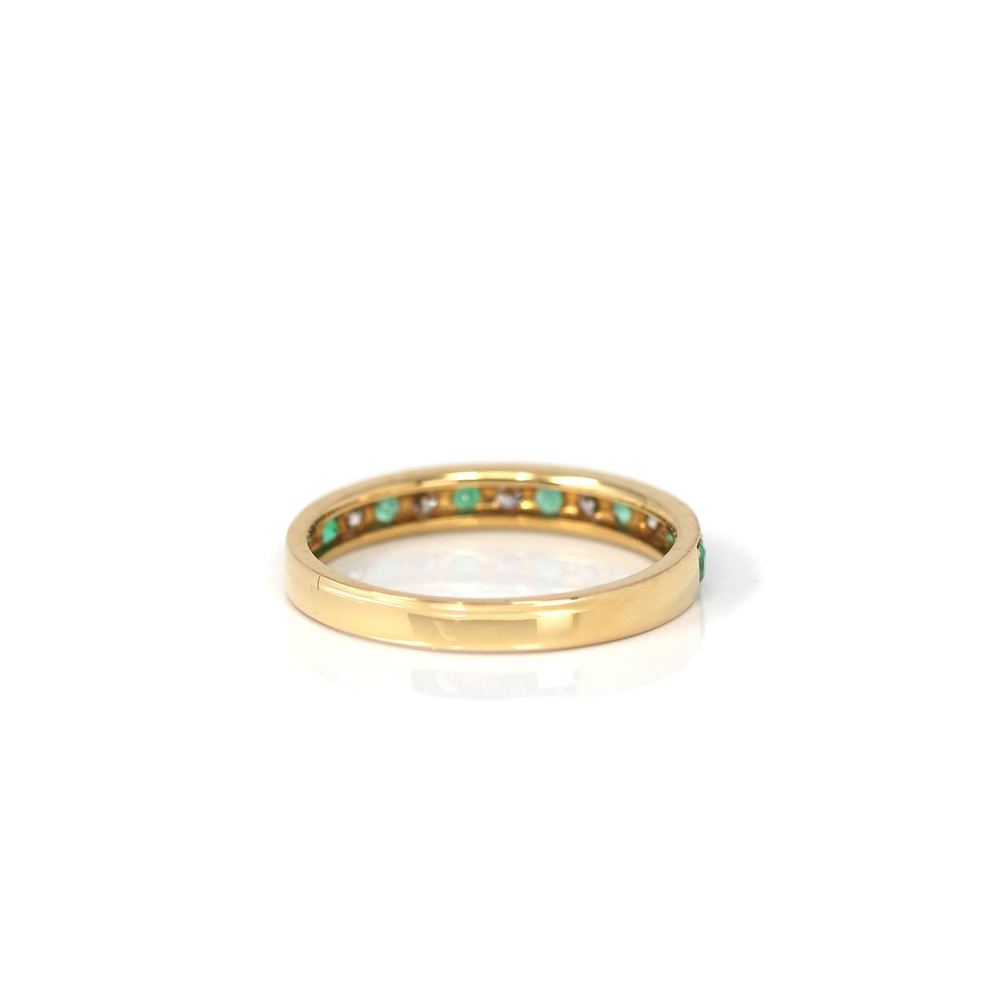 Baikalla Jewelry Gold Emerald Ring 18k Yellow Gold Natural Emerald Seven Stones Set Band Ring with Diamonds