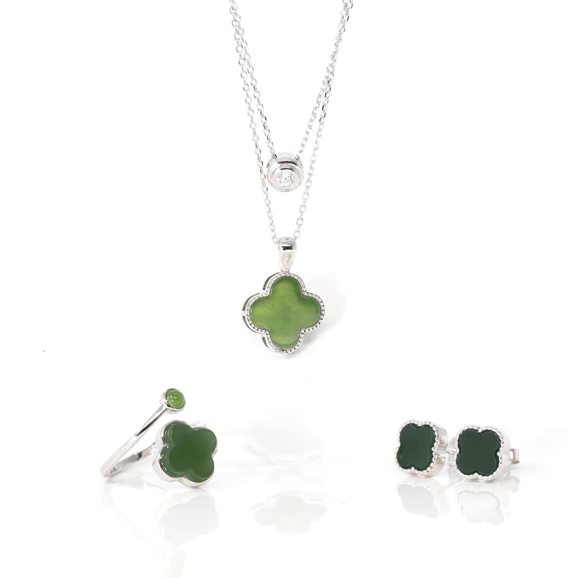 Baikalla Jewelry Silver Jade Pendant Necklace Whole Sets Baikalla™ Sterling Silver Real Green Nephrite Jade Lucky Four Leaf Pendant Necklace