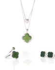 Baikalla Jewelry Silver Jade Pendant Necklace Set Baikalla™ Sterling Silver Real Green Nephrite Jade Lucky Four Leaf Clover Set