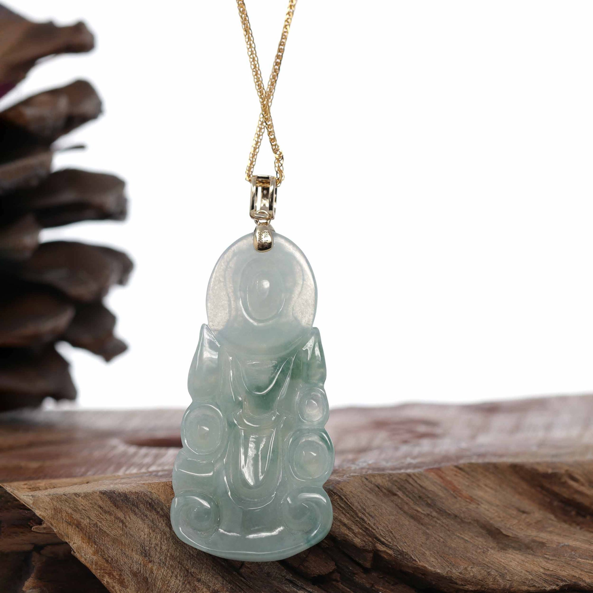 Baikalla Jewelry Jade Guanyin Pendant Necklace Baikalla 14k Yellow Gold &quot;Goddess of Compassion&quot; Genuine Ice Burmese Jadeite Jade Guanyin Necklace With Gold Bail