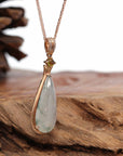 Baikalla Jewelry 18k Gold Jadeite Necklace 18K Rose Gold "Tear-Drop" Ice Jadeite Jade Cabochon Necklace with Diamonds