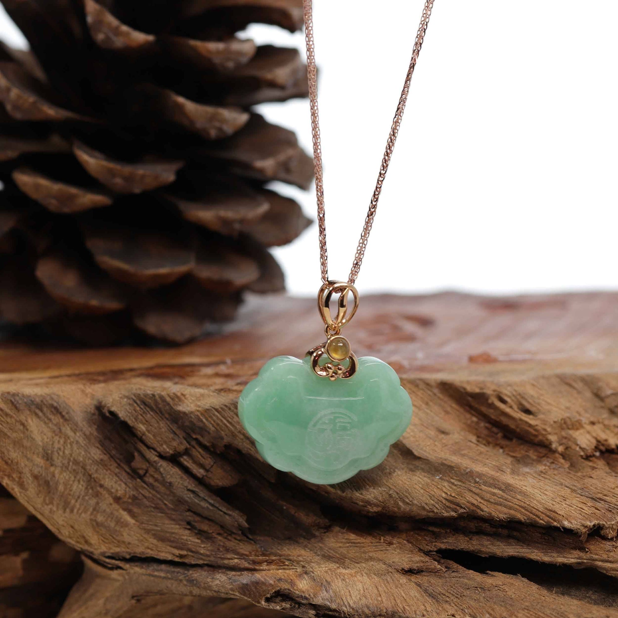 Baikalla Jewelry Jade Pendant 18k Rose Gold Genuine Burmese Green Jadeite Happiness ( Fu &amp; Pingan ) Pendant Necklace