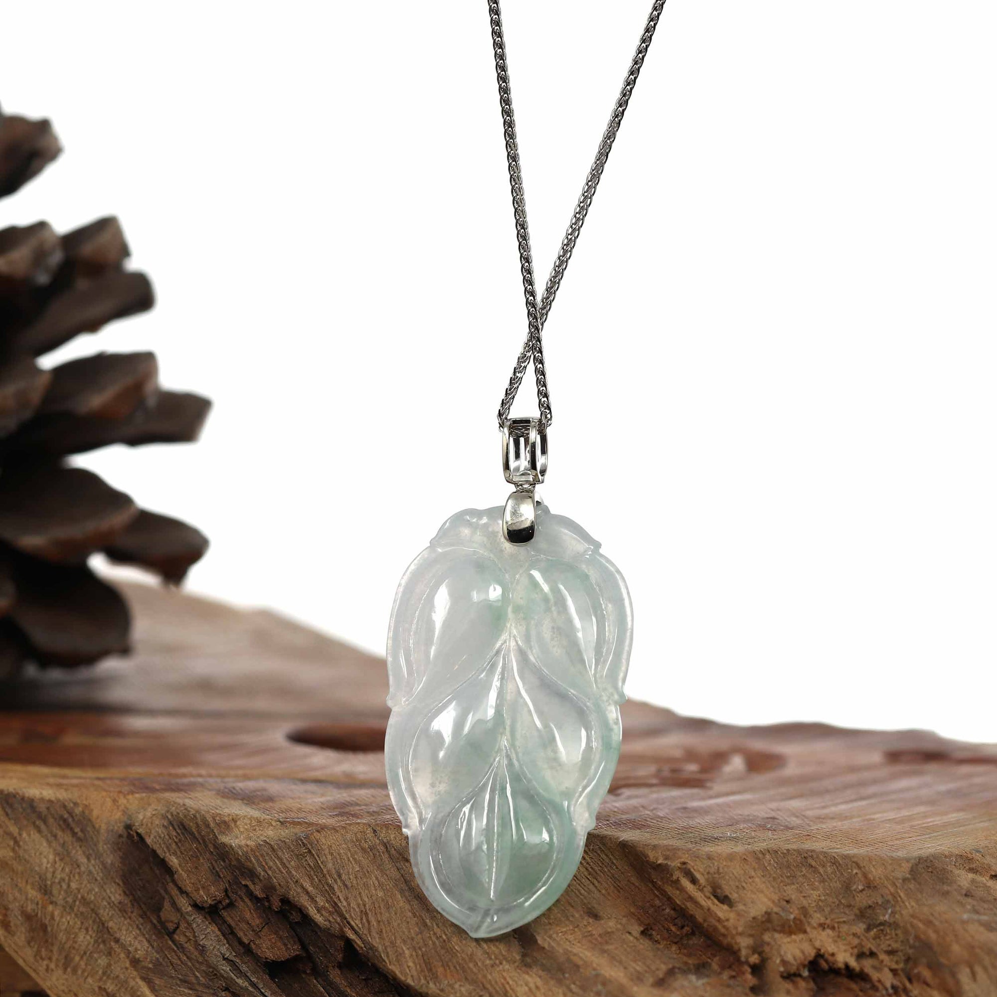 Baikalla Jewelry Jade Guanyin Pendant Necklace Genuine Ice Jadeite Jade Jin Zhi Yu Ye (Leaf) Necklace With White Gold VSI Diamond Bail