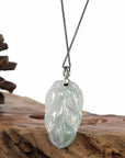 Baikalla Jewelry Jade Guanyin Pendant Necklace Genuine Ice Jadeite Jade Jin Zhi Yu Ye (Leaf) Necklace With White Gold VSI Diamond Bail