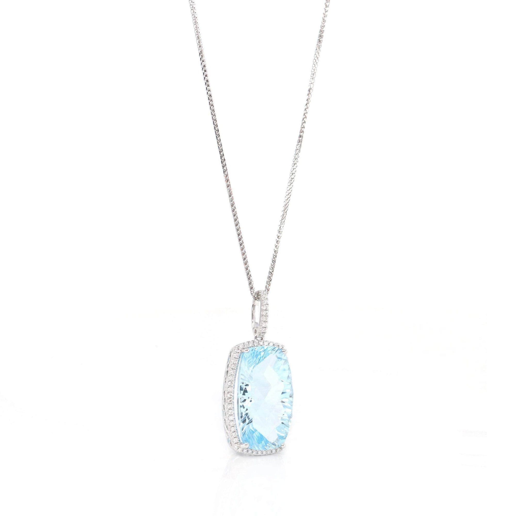 Baikalla Jewelry Gemstone Pendant Necklace 14k White Gold Natural Swiss Blue Topaz Elongated Cushion Necklace With Diamonds