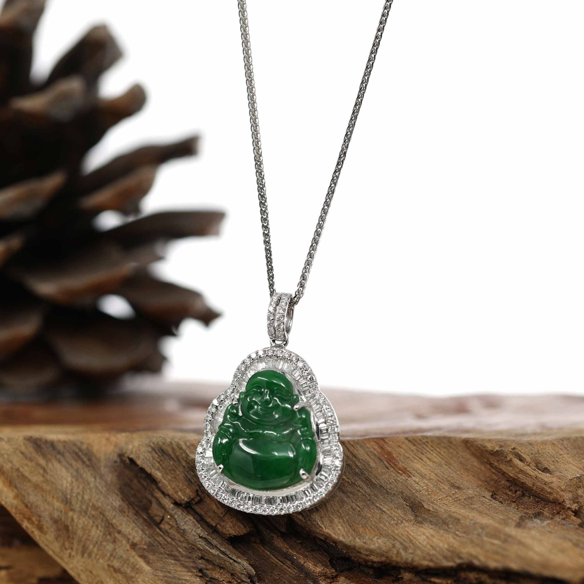 Baikalla Jewelry 18k Gold Jadeite Necklace 18K White Gold High-End Imperial Jadeite Jade Buddha Necklace with Diamonds