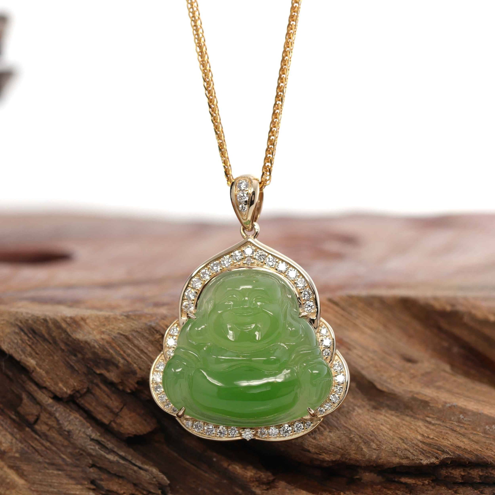 Baikalla Jewelry Gold Jade Buddha 14K Yellow Gold With Matching Gold Chain Baikalla "Laughing Buddha" 14k Gold Genuine Nephrite Apple Green Jade with VS1 Diamonds