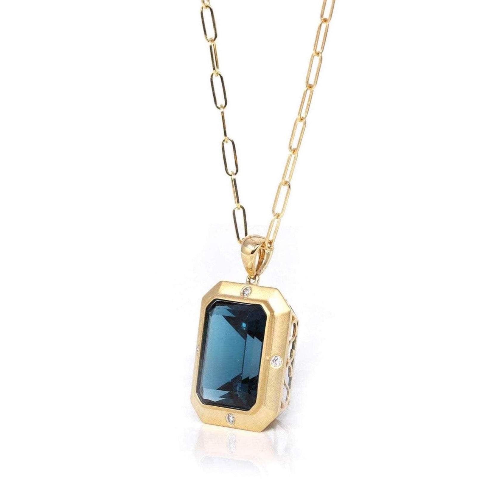 Baikalla Jewelry Gemstone Pendant Necklace 18k Yellow Gold Natural Navy Blue Topaz Emerald Necklace With Diamonds