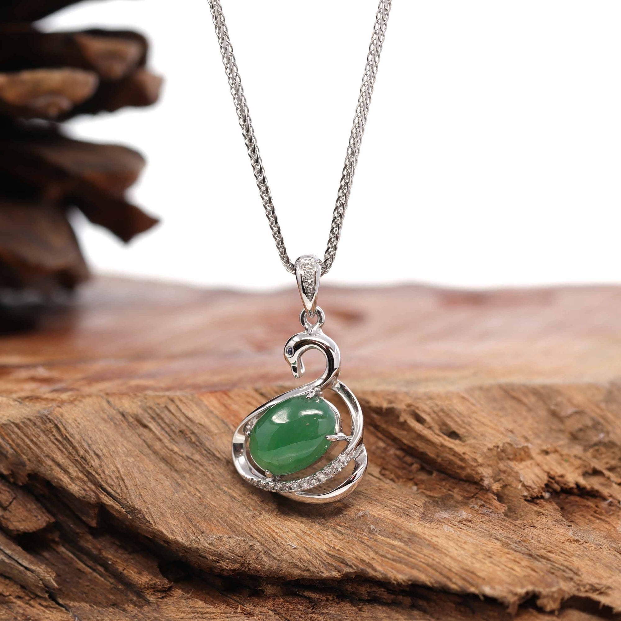 Baikalla Jewelry 18k Gold Jadeite Necklace Pendant Only 18K White Gold &quot;Swan&quot; Imperial Jadeite Jade Cabochon Necklace with Diamonds