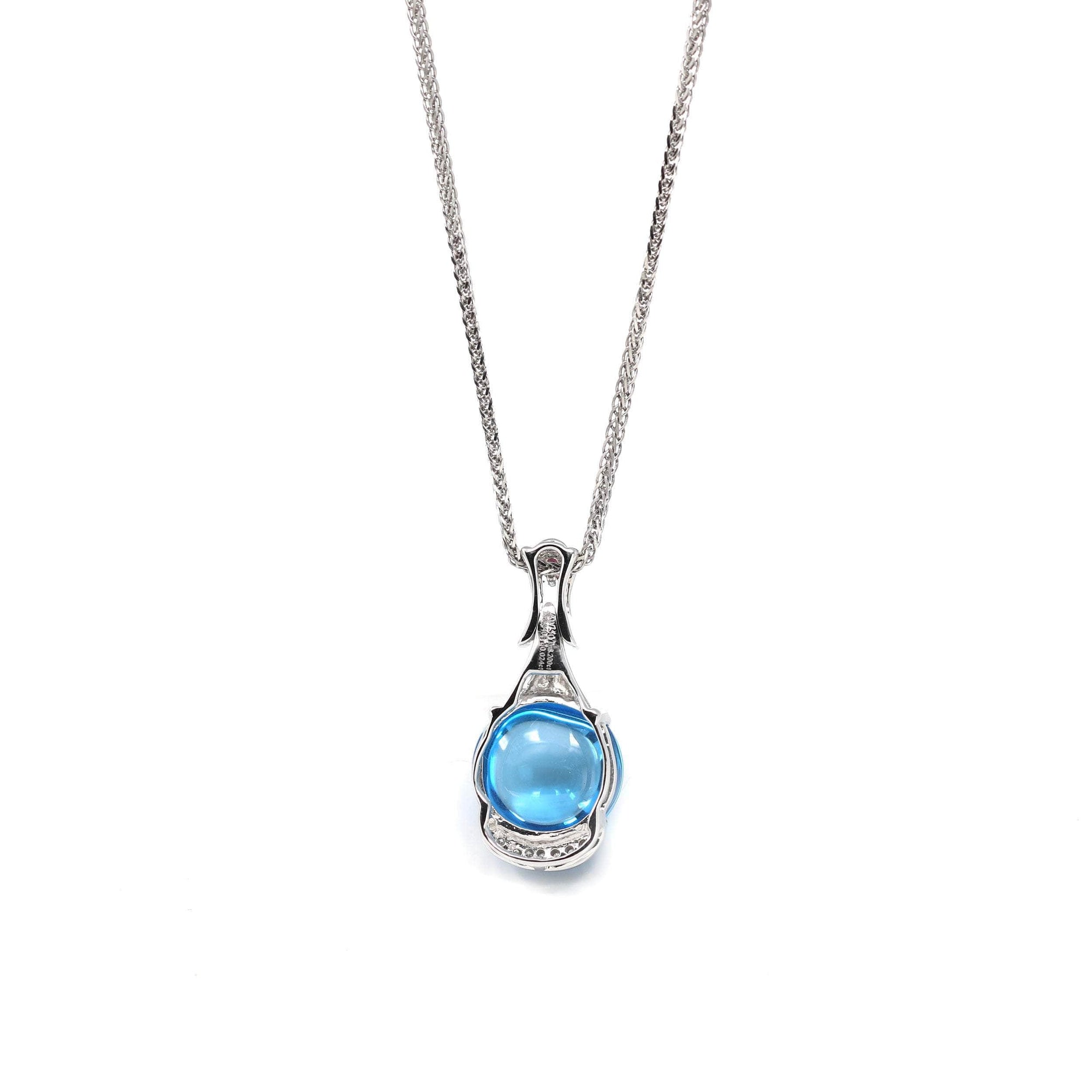 Baikalla Jewelry gemstone jewelry 18k White Gold Genuine Cabochon Cut London Blue Topaz & Diamonds Pendant Necklace