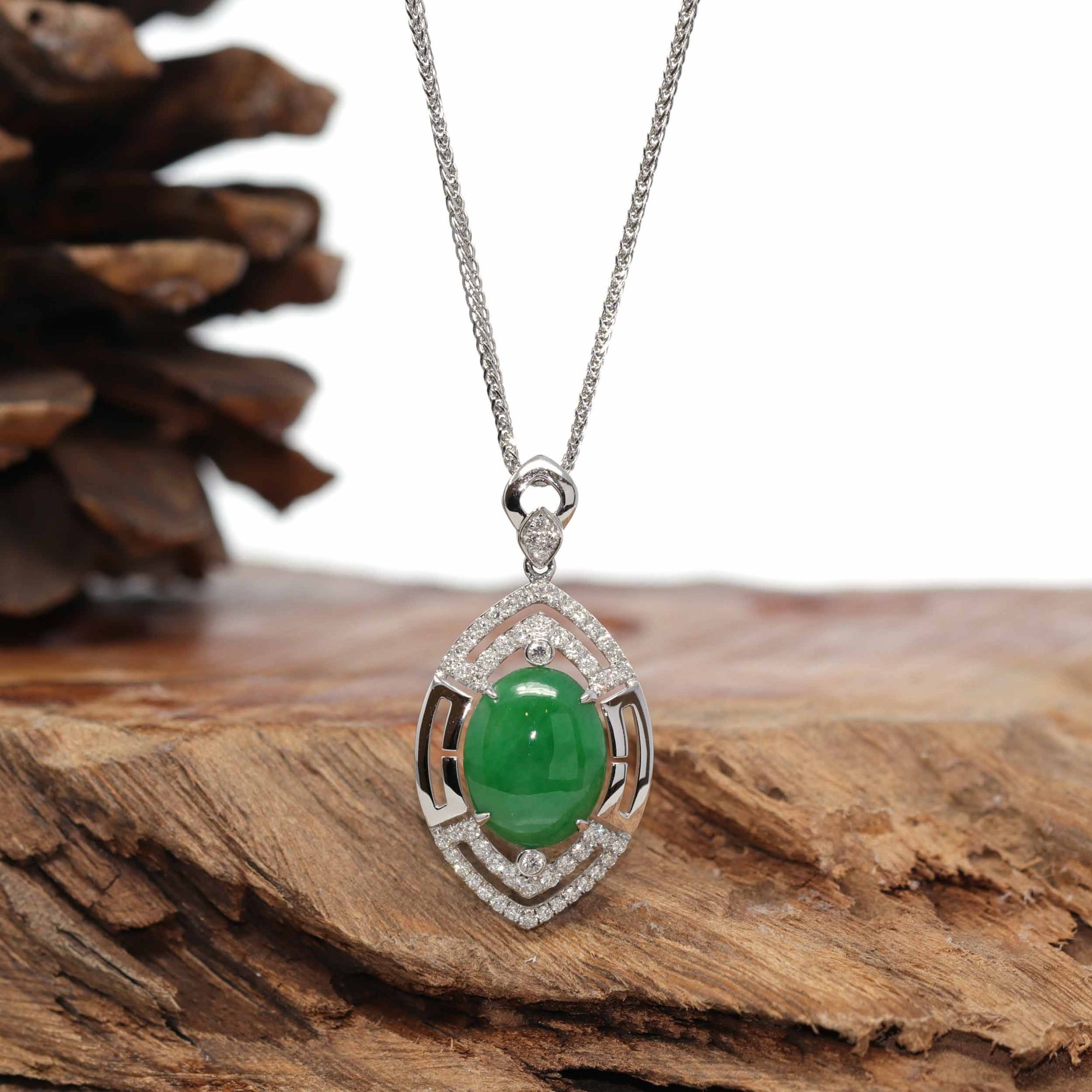 Baikalla Jewelry 18k Gold Jadeite Necklace 18K White Gold Oval Imperial Jadeite Jade Cabochon Necklace with Diamonds