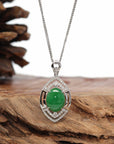 Baikalla Jewelry 18k Gold Jadeite Necklace 18K White Gold Oval Imperial Jadeite Jade Cabochon Necklace with Diamonds