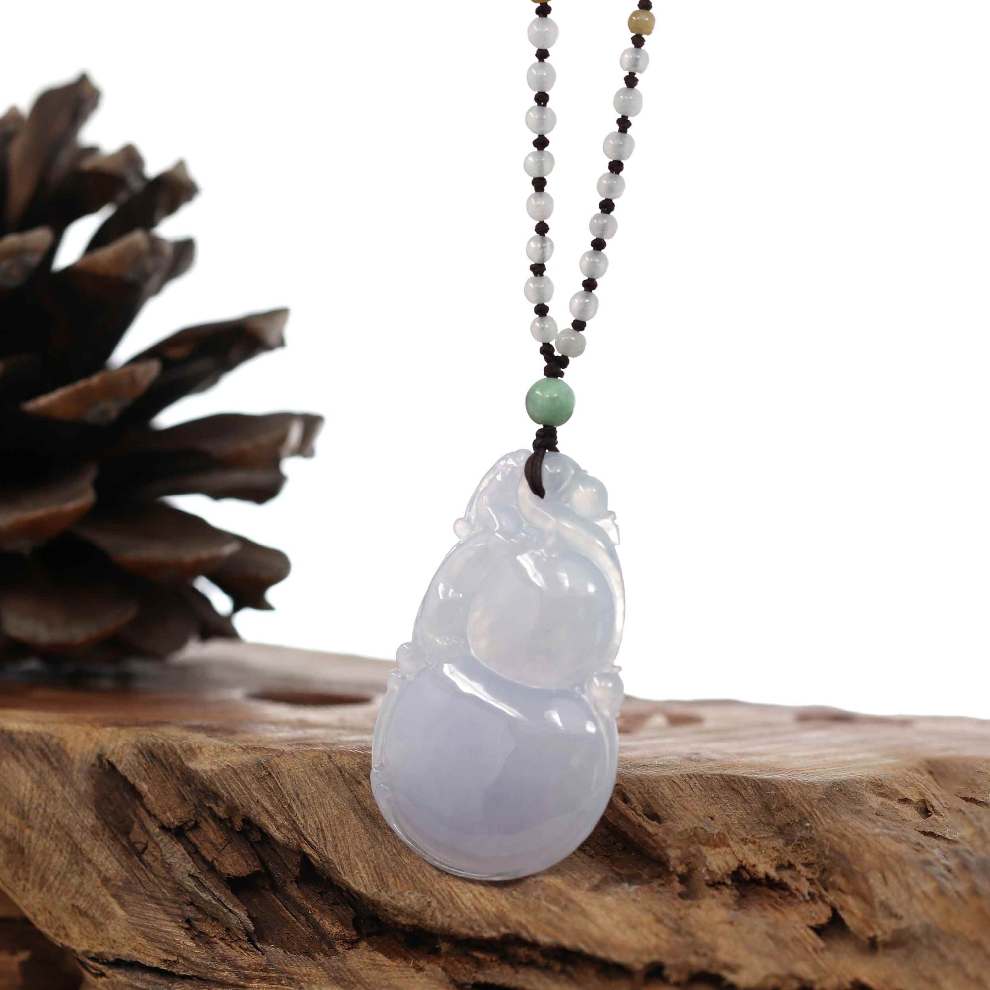 Baikalla Jewelry Jade Pendant Necklace Genuine Ice Light Lavender Jadeite Jade "Good Luck HuLu with Dragon Accent" Pendant Necklace With Real Jadeite Beads Necklace