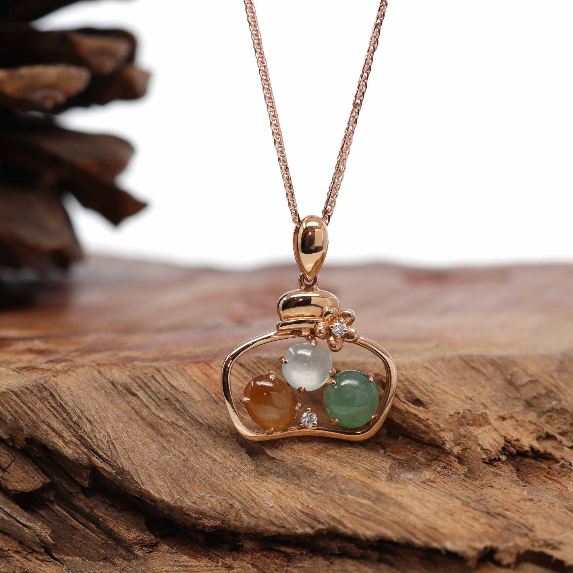 Baikalla Jewelry 18k Gold Jadeite Necklace Pendant Only 18K Rose Gold &quot;Lucky Goodie Bottle&quot; Multi-Color Jadeite Jade Cabochon Necklace with Diamonds