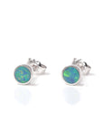 Baikalla Jewelry Gold Gemstone Earrings 14k White Gold Baikalla™ 14k Natural Round Australian Blue Opal Bezel Set Earrings