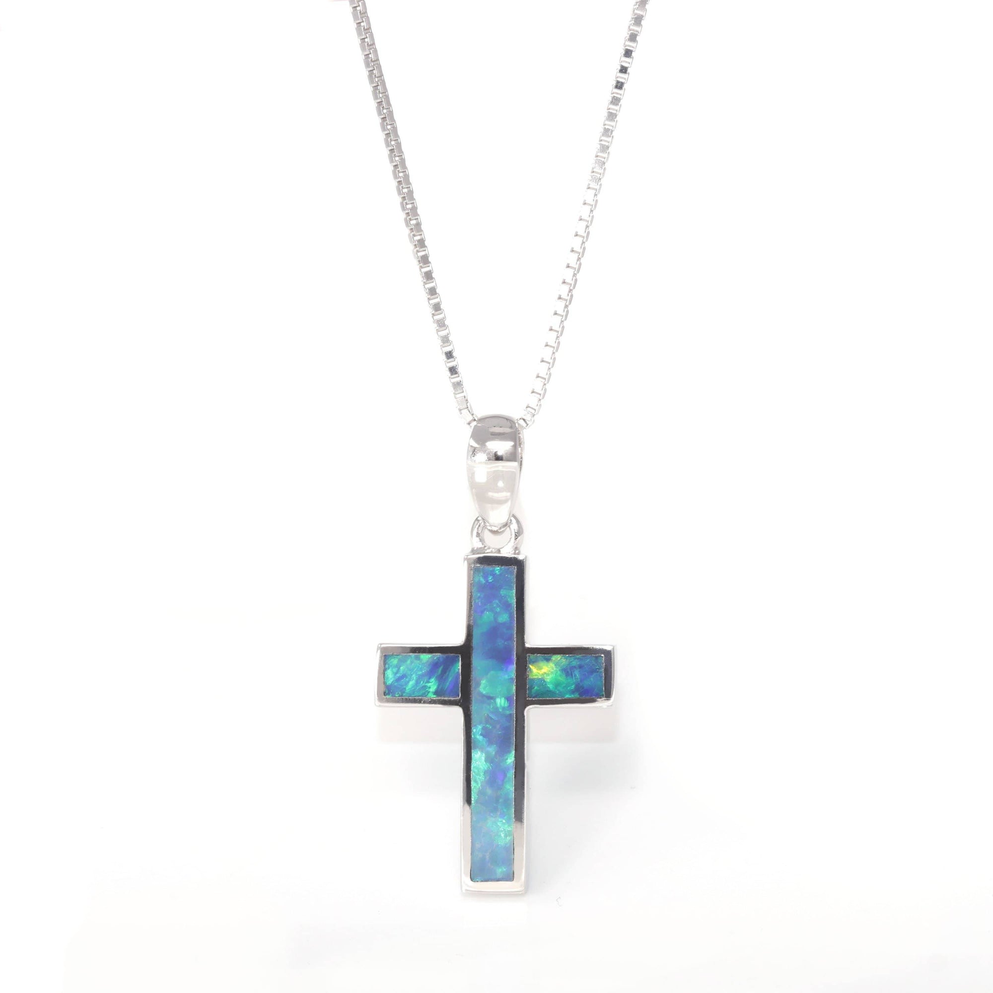 Baikalla Jewelry Gemstone Pendant Necklace Blue Opal Baikalla™ Sterling Silver Freeform Australian Blue Natural Opal Bezel Set Cross Necklace