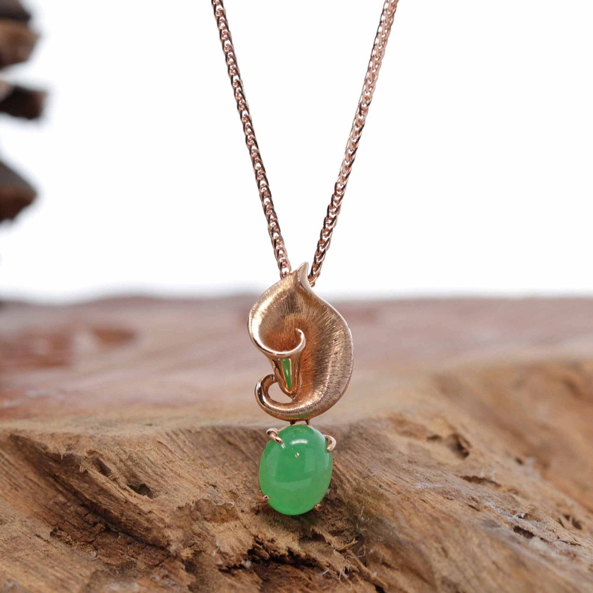 Baikalla Jewelry 18k Gold Jadeite Necklace 18K Rose Gold &quot;Morning Glory&quot; Genuine Jadeite Jade Pendant with Diamonds