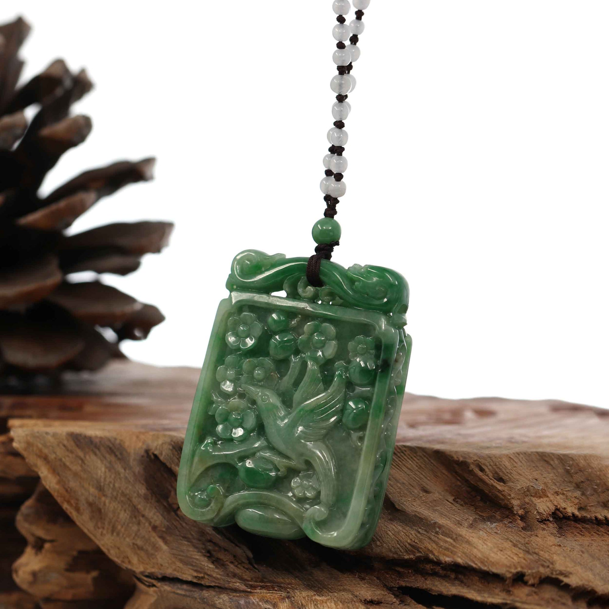 Baikalla Jewelry Jade Guanyin Pendant Necklace Genuine Green Jadeite Jade "Lucky Bird on Branch" Pendant Necklace With Real Jadeite jade Beads Necklace