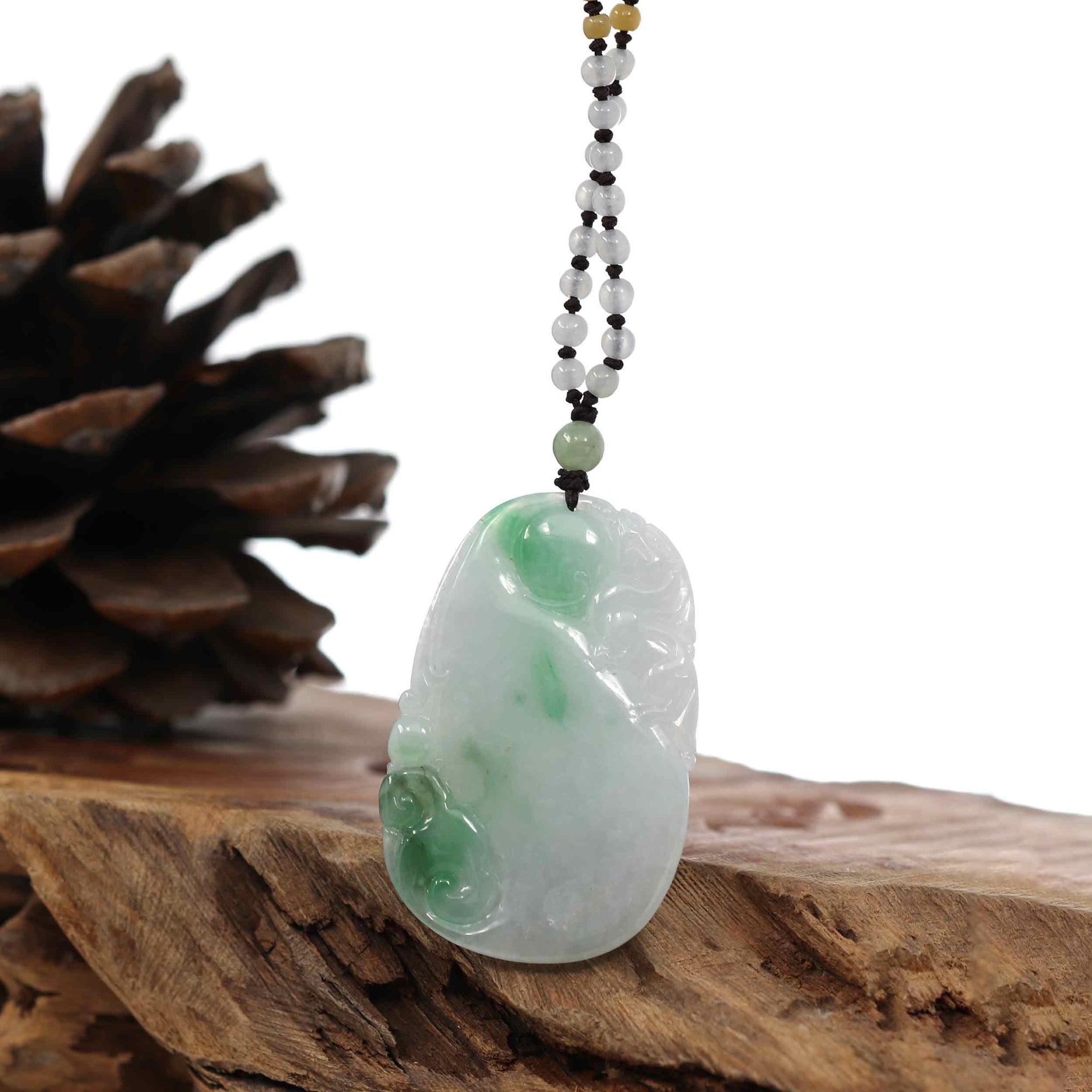 Baikalla Jewelry Jade Pendant Necklace Genuine Green Jadeite Jade "Longevity peach with lucky Pixiu Accent" Pendant Necklace With Real Jadeite Bead Necklace