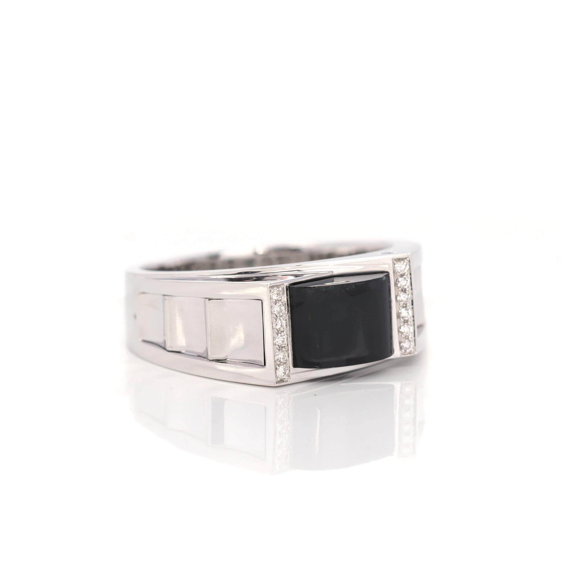 Baikalla Jewelry "Emerald Cabochon" 18k White Gold, Genuine Burmese Black Jadeite Jade, Emerald Cut Ring