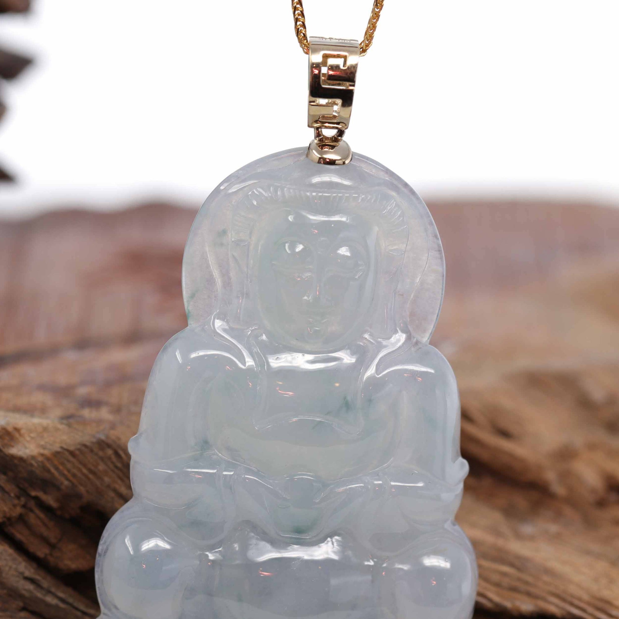 Baikalla Jewelry Jade Guanyin Pendant Necklace Baikalla 14k &quot;Goddess of Compassion&quot; Genuine Burmese Jadeite Jade Guanyin Necklace With Good Luck Design