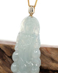 Baikalla Jewelry Jade Guanyin Pendant Necklace Baikalla 14k Yellow Gold "Goddess of Compassion" Genuine Ice Burmese Jadeite Jade Guanyin Necklace With Gold Diamond Bail