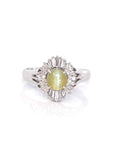 Baikalla Jewelry Gold Gemstone Ring 18k White Gold Natural Green Chrysoberyl Cat's Eye Ring with Diamond