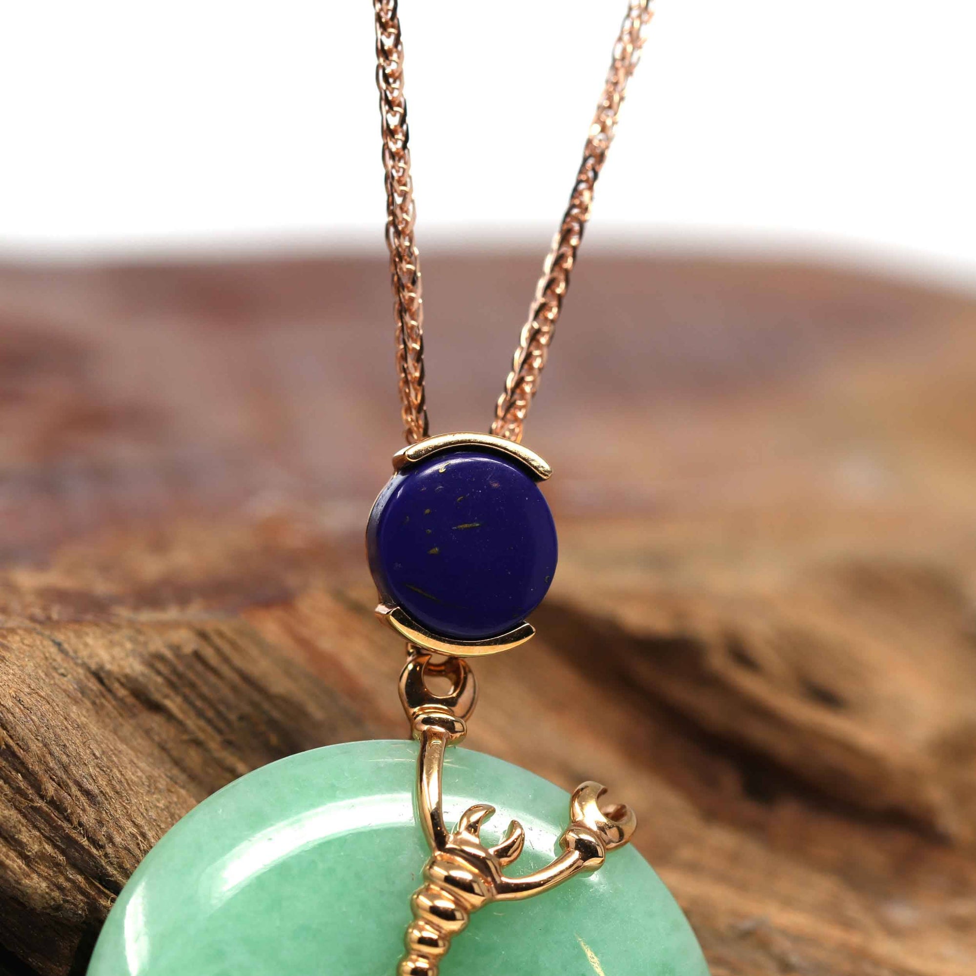 Baikalla Jewelry Gold Jadeite Pendant 18k Rose Gold Genuine Burmese Jadeite Constellation (Scorpio) Necklace Pendant with Lapis Bail