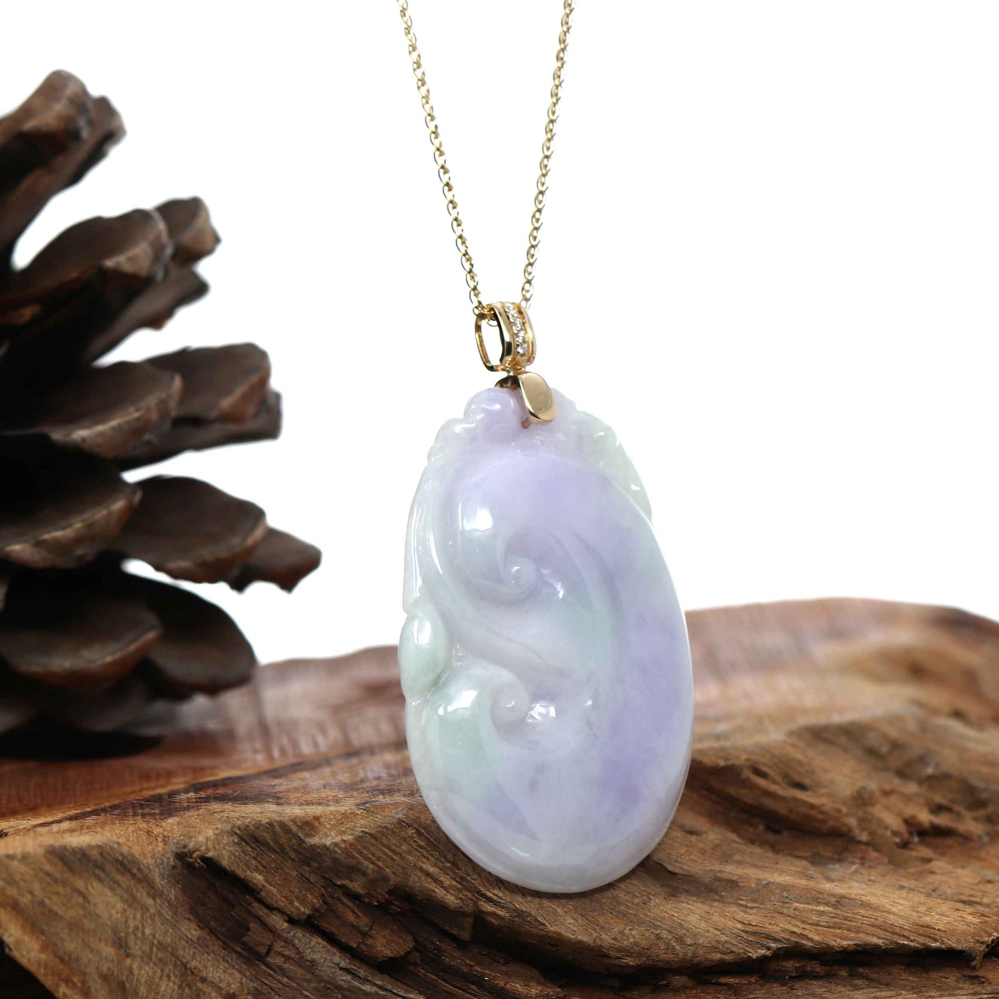 Baikalla Jewelry Jade Guanyin Pendant Necklace "Wang Shi Ru Yi" Genuine Lavender Green Jadeite Jade Pendant Necklace With 14K Yellow Gold Diamond Bail