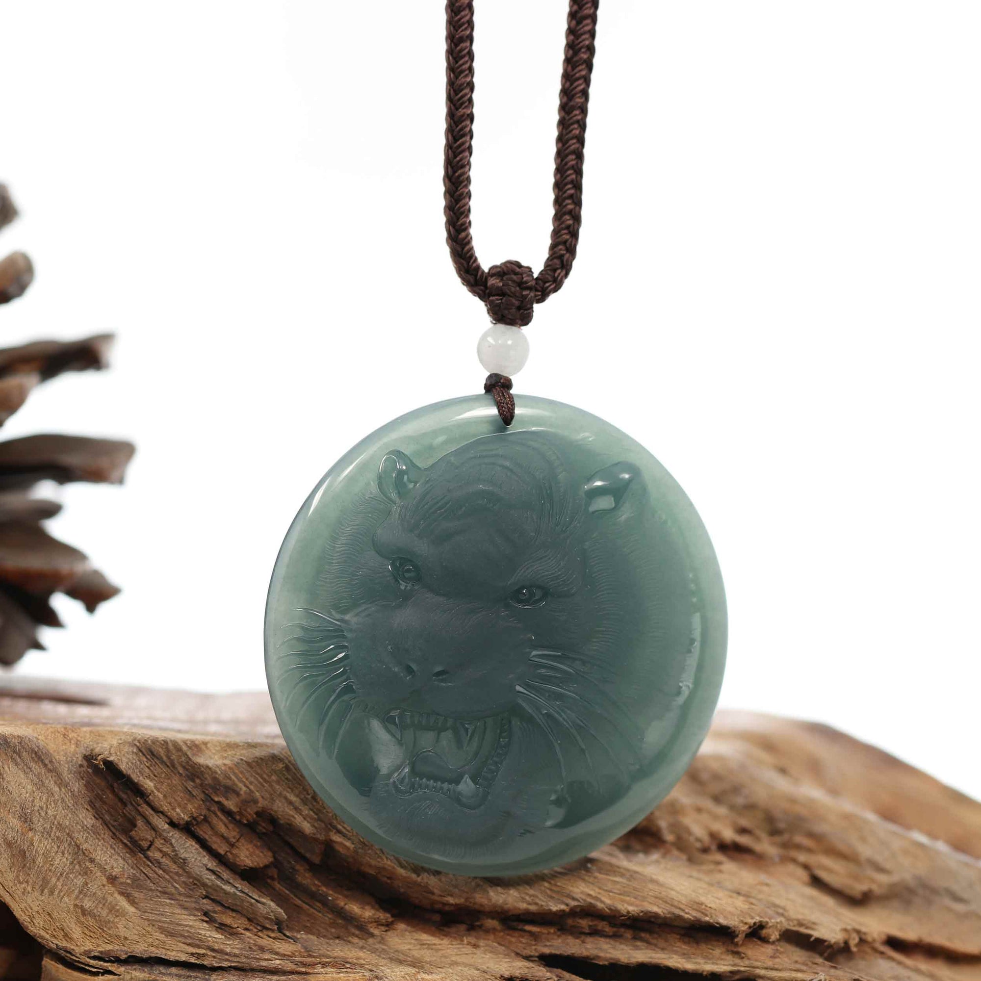 Baikalla Jewelry Jade Carving Necklace Natural Deep Blue Green Jadeite Jade &quot;Roaring Tiger&quot; Pendant Necklace For Men, Collectibles.