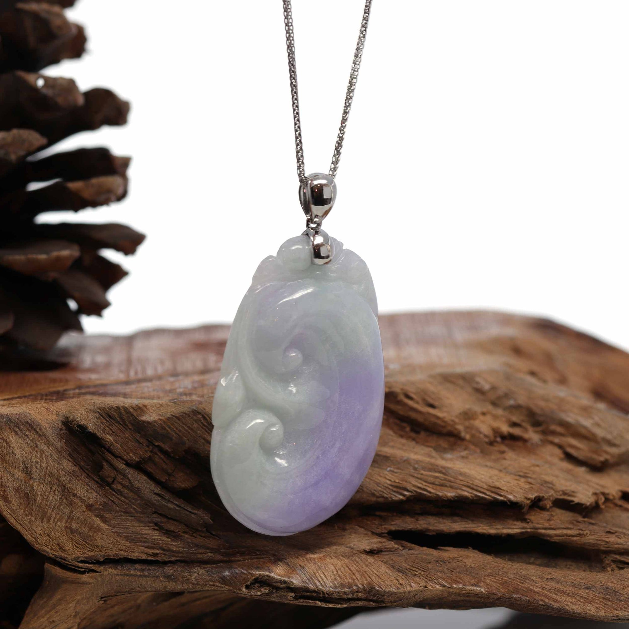 Baikalla Jewelry Jade Guanyin Pendant Necklace Genuine Lavender Jadeite Jade RuYi Pendant Necklace With 14K White Gold Bail