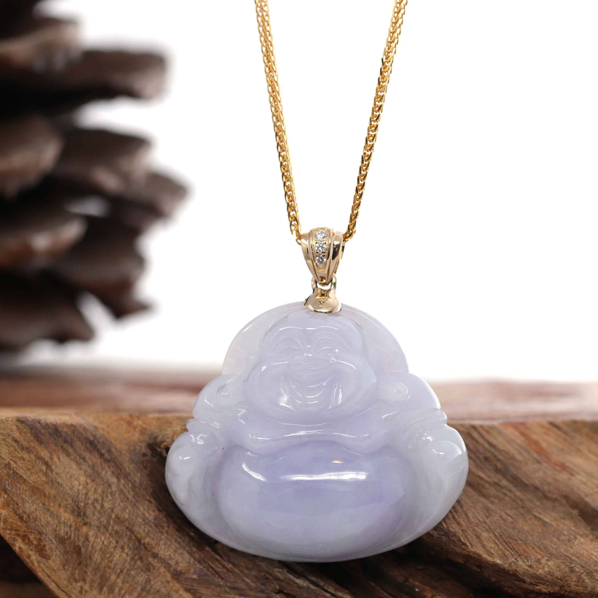 Baikalla Jewelry Gold Jade Buddha Baikalla &quot;Laughing Buddha&quot; 14k Yellow Gold Genuine Lavender Jadeite Jade with VS1 Diamonds Bail