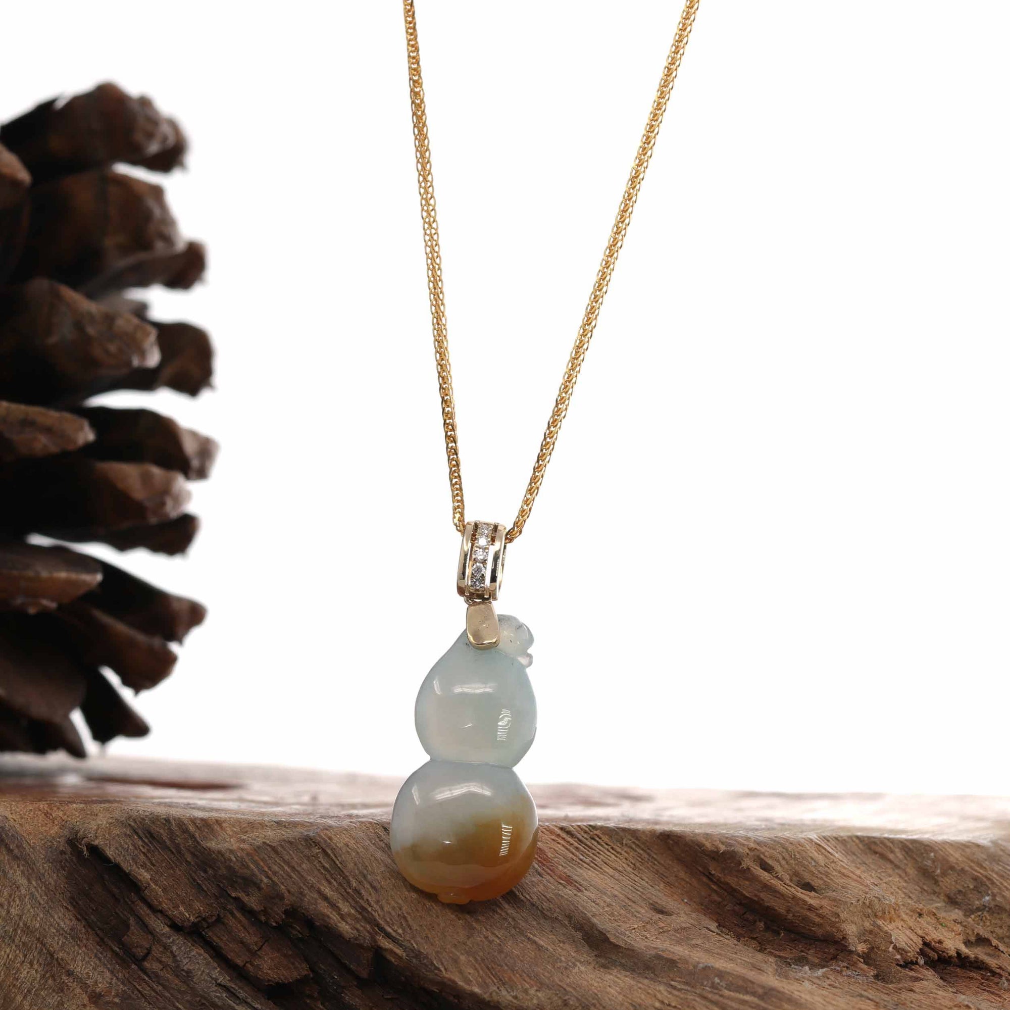 Baikalla Jewelry Jade Pendant 14K Yellow Gold Jadeite Jade Good Luck Hulu Bottle Gourd Necklace With Diamonds