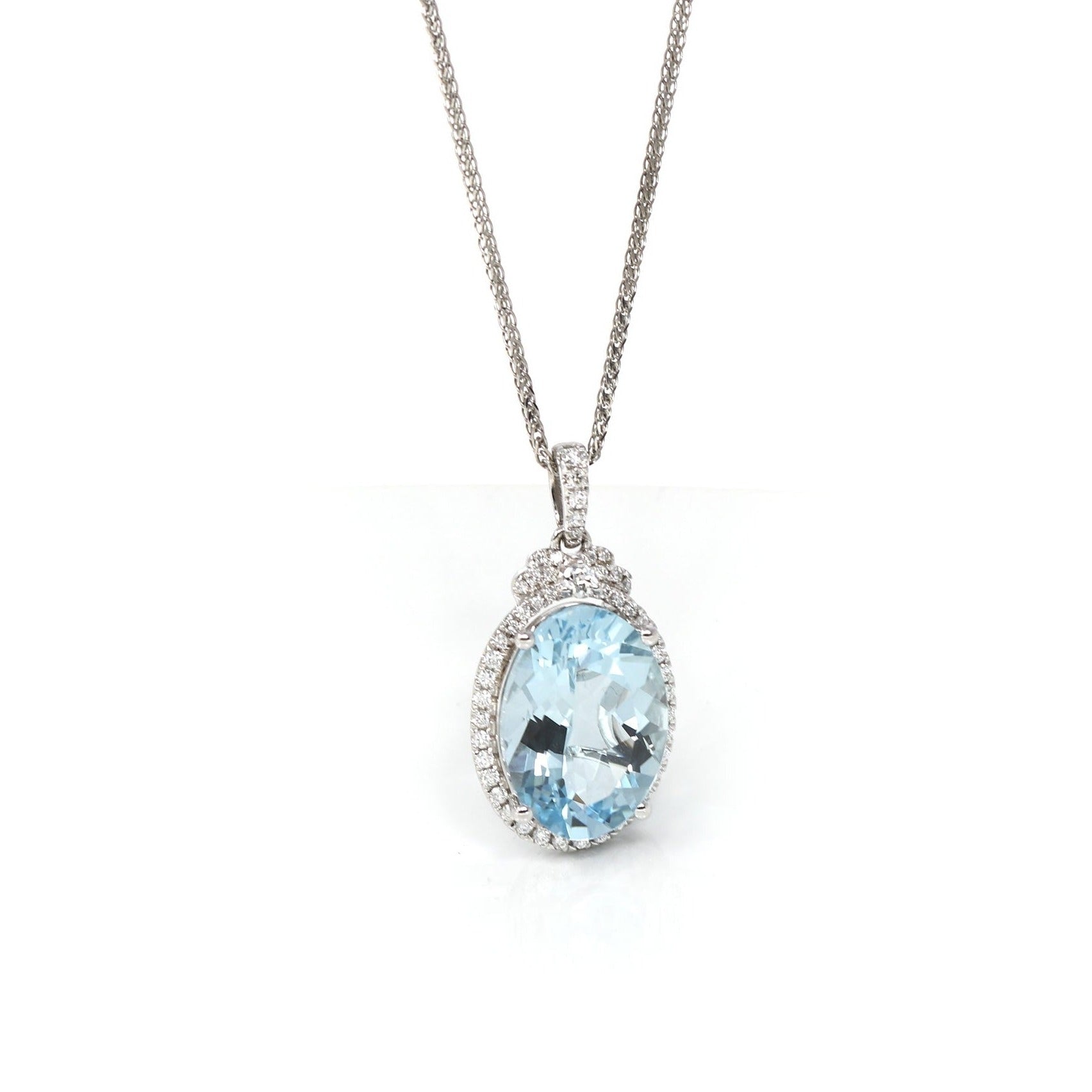 Baikalla Jewelry Gold Aquamarine 14k White Gold Natural Oval Aquamarine Necklace With Diamond