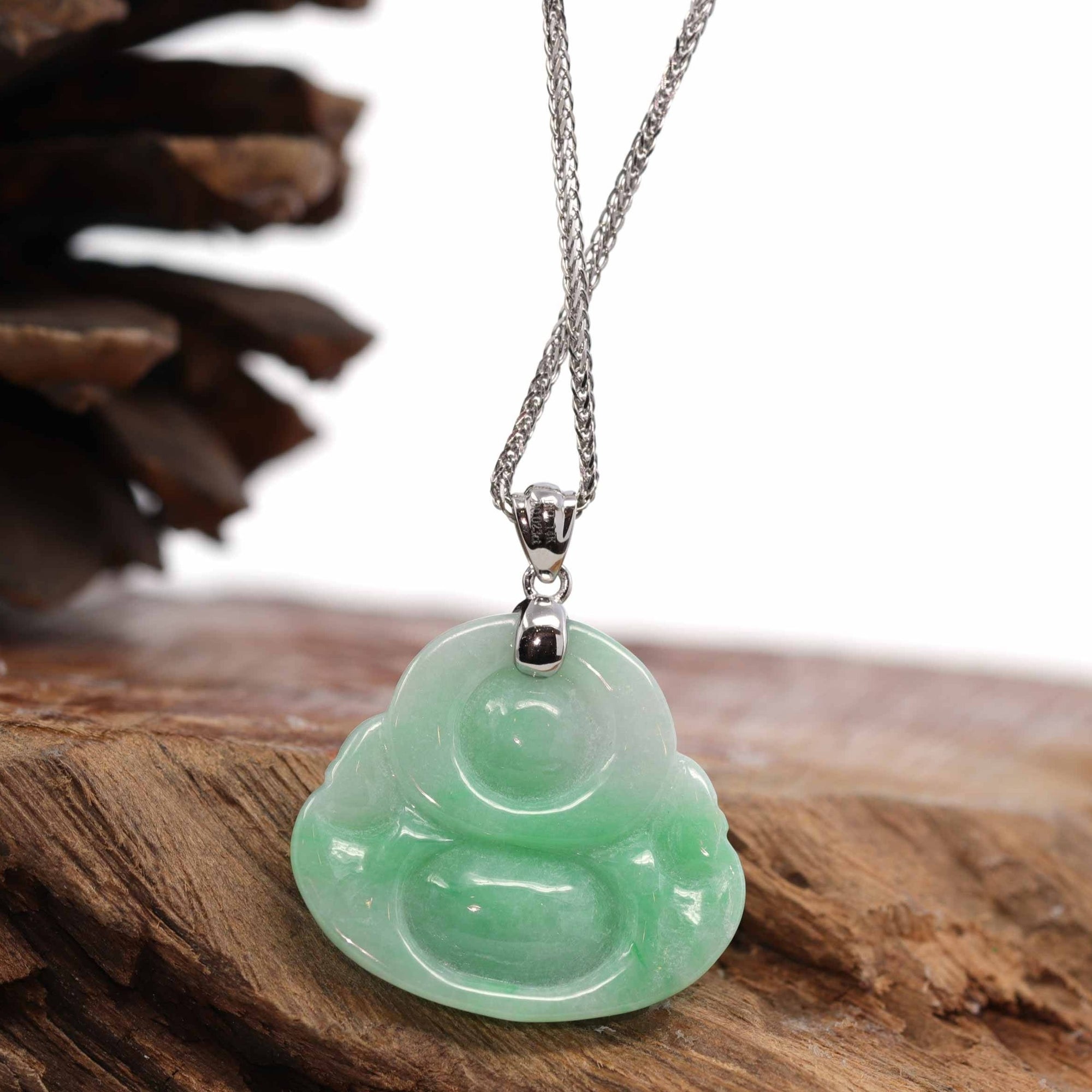 Baikalla Jewelry Jade Buddha Pendant Baikalla™ "Laughing Buddha" Genuine Vibrant Green Jadeite Buddha Pendant Necklace With 14k White Gold Diamond  Bail