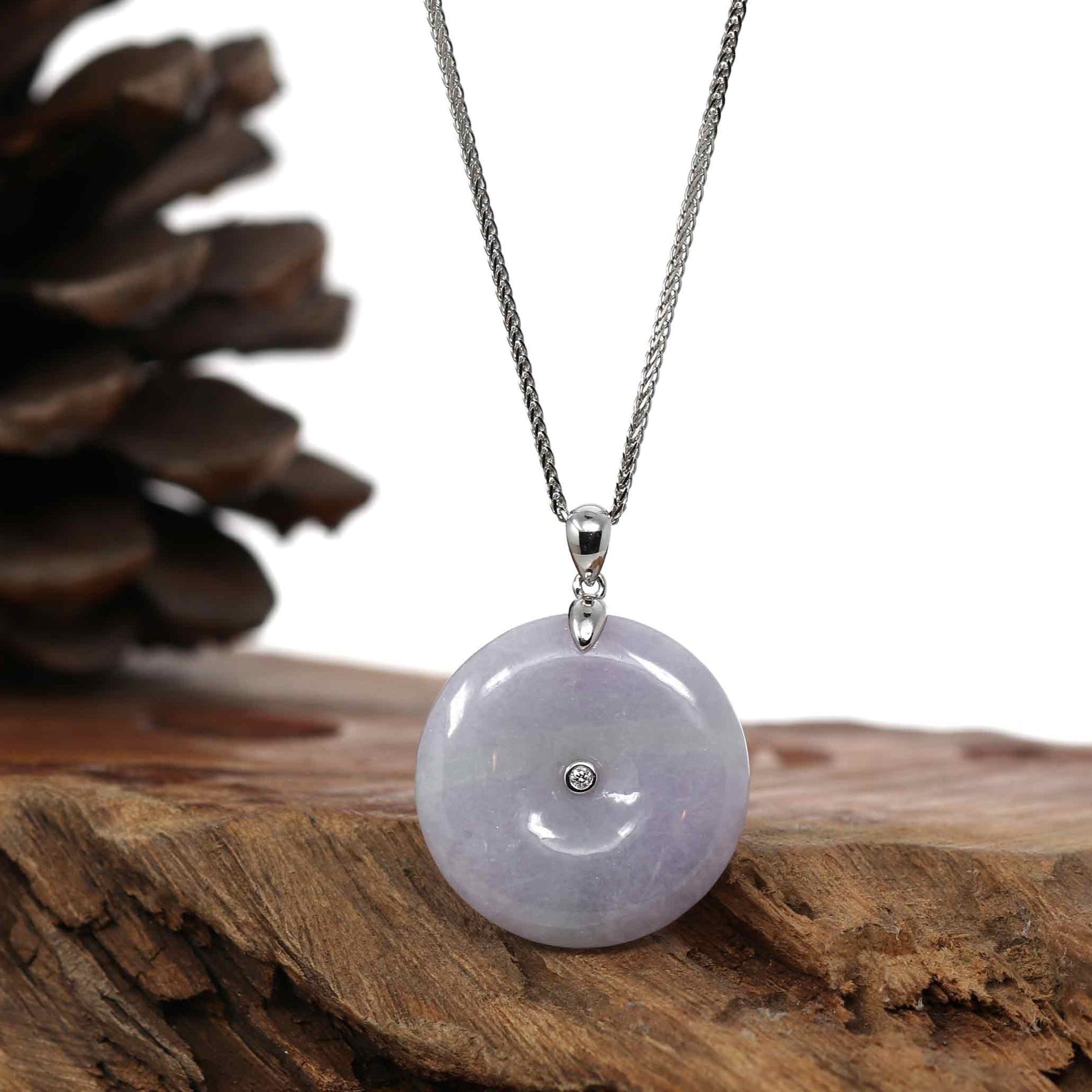 Baikalla Jewelry Gold Jadeite Jade Pendant Necklace Pendant Only "Good Luck Button" Lavender & Green Jadeite Jade Lucky KouKou Pendant With 14K White Gold Bail & Diamond In Center.