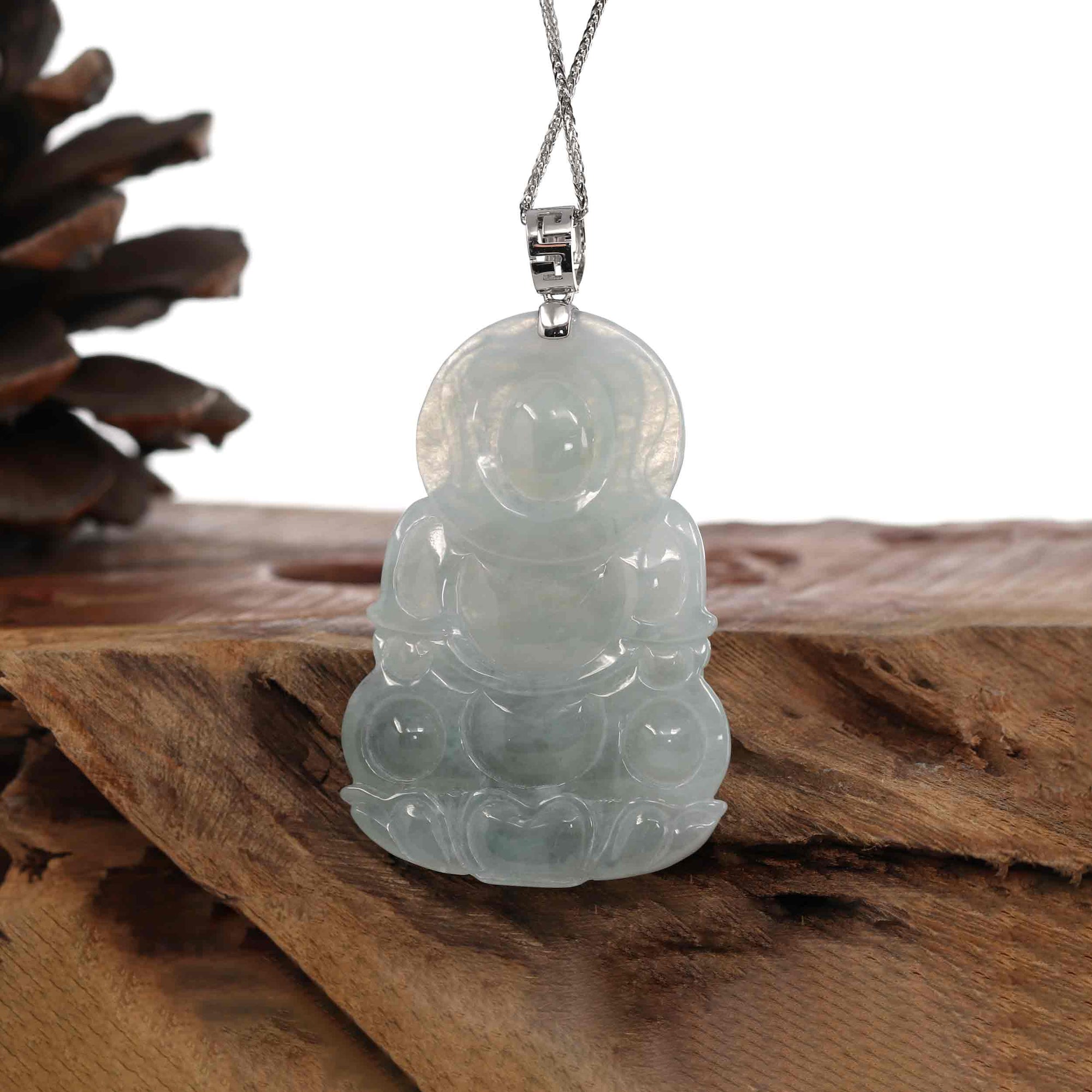 Baikalla Jewelry Jade Guanyin Pendant Necklace Baikalla "Goddess of Compassion" Genuine Burmese Ice Blue Jadeite Jade Guanyin Necklace With Good Luck Design 14K Gold  Bail