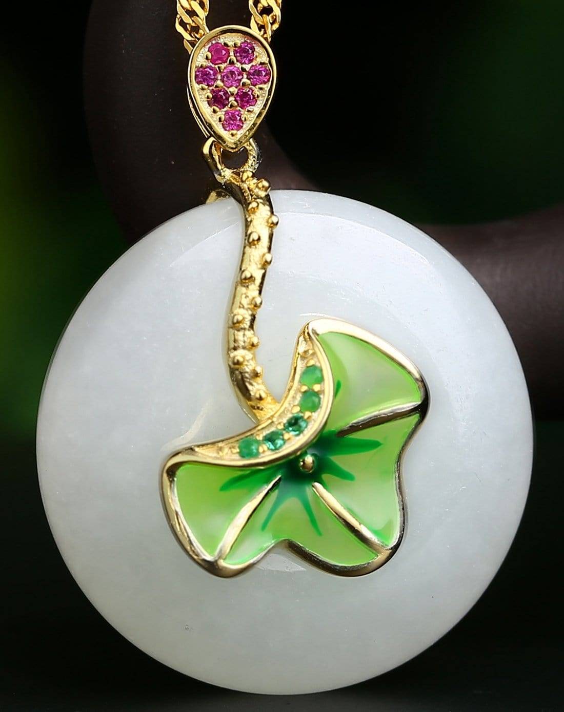 Baikalla Jewelry Jade Pendant Genuine White Nephrite Jade Necklace with Gold Plated Sterling Silver and Pink & Green CZ