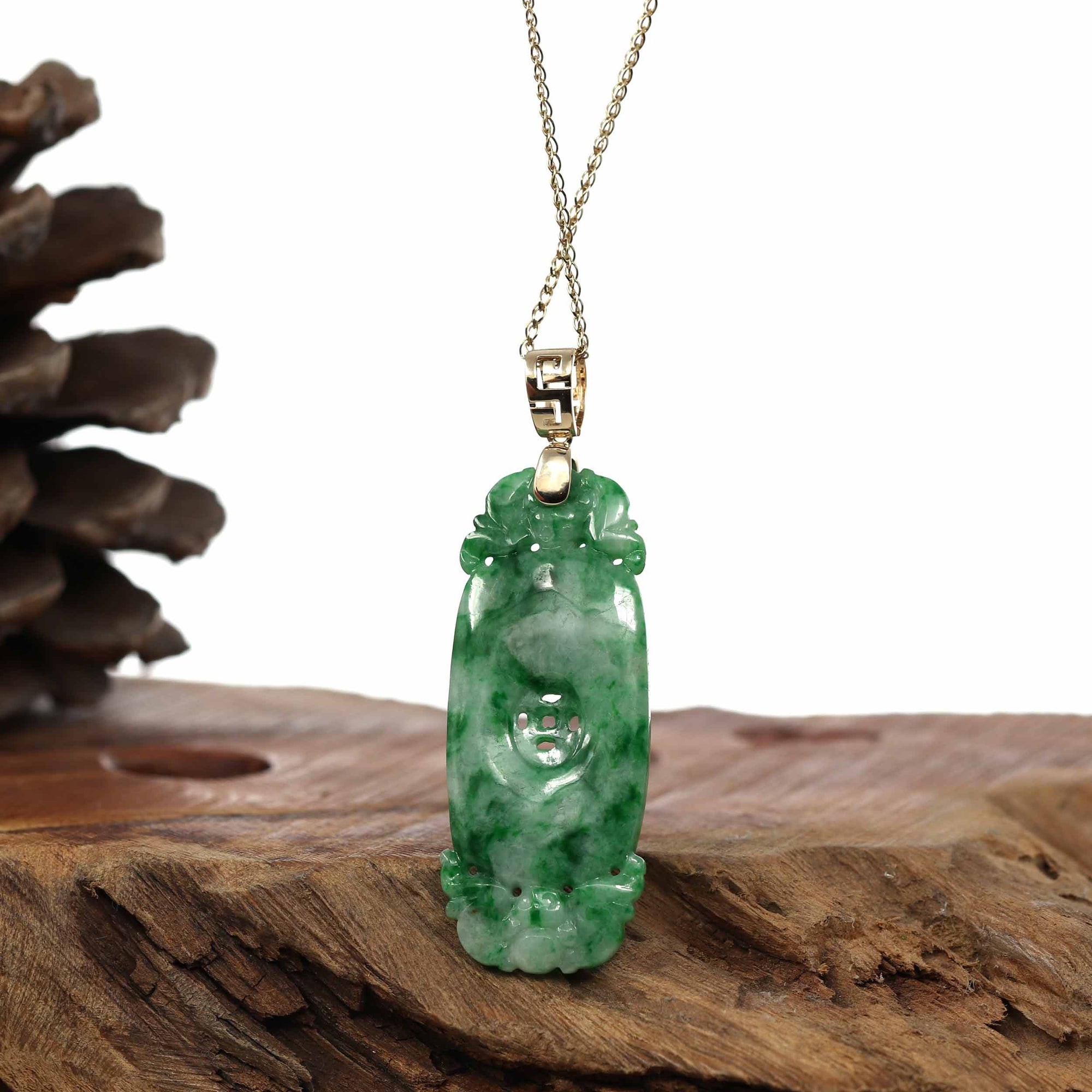 Baikalla Jewelry Jade Guanyin Pendant Necklace Genuine Apple Green- White Jadeite Jade Fu Zai Yan Qian Pendant Necklace With 14K Yellow Gold Bail