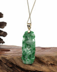 Baikalla Jewelry Jade Guanyin Pendant Necklace Genuine Apple Green- White Jadeite Jade Fu Zai Yan Qian Pendant Necklace With 14K Yellow Gold Bail