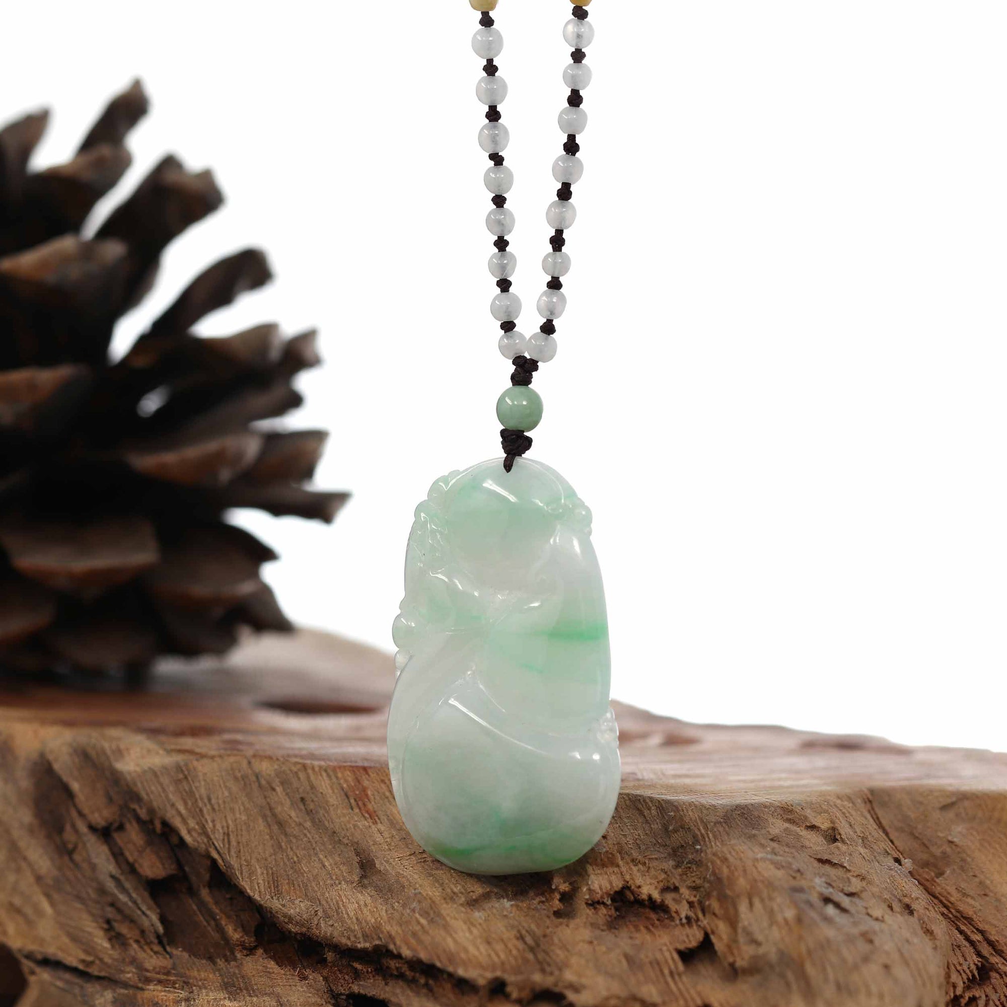 Baikalla Jewelry Jade Pendant Necklace Genuine Green Jadeite Jade "Good Luck HuLu with Dragon" Pendant Necklace With Real Jadeite Bead Necklace